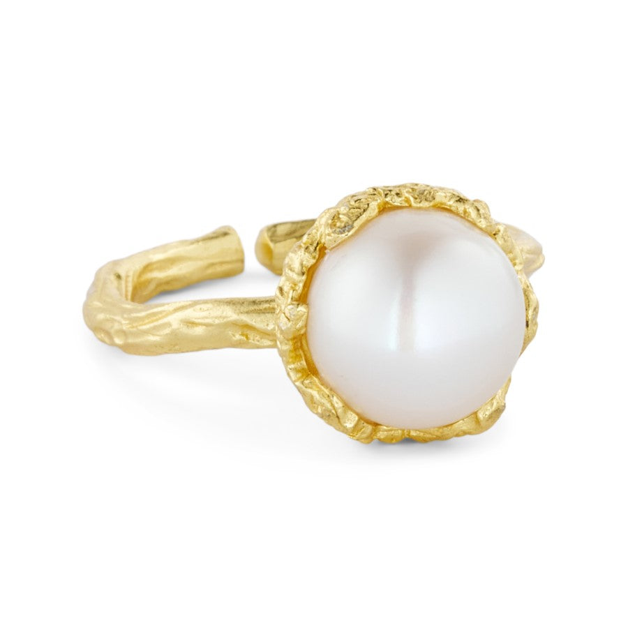 Pure By Nat - Ring med stor natursten (10mm) - Hvid perle - Guldbelagt
